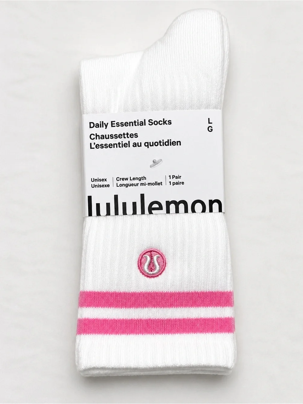 Lululemon Daily Essential Crew Socks White Pink Stripe Logo Size L NWT